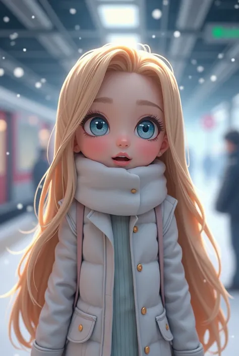  a girl like Disneys Rapunzel。blue eyes。 has light beige hair 。The clothes are white。 good style。Commuting to work by train 。 wears clothes from the 2020s 。 high definition ,  open your mouth slightly, Overlooking,  3d rendering , winter、 muffler 、Its star...