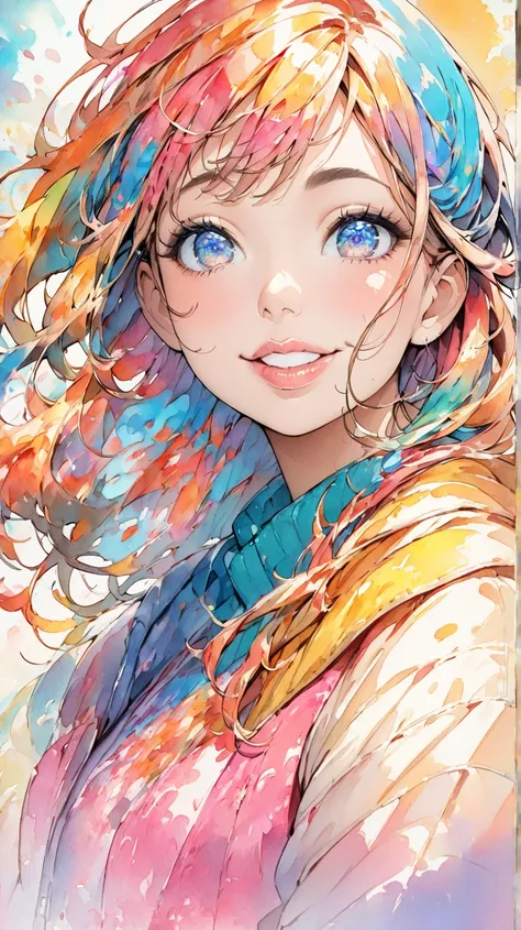  High Quality 、Colorful watercolor painting、 Portrait、 watercolor splashes 、 cute woman、Floating Hair、Modern clothes 、 vivid colors 、Lips in Love、Plump lips、 detailed eyes 、Front face、 look at me and smile faintly