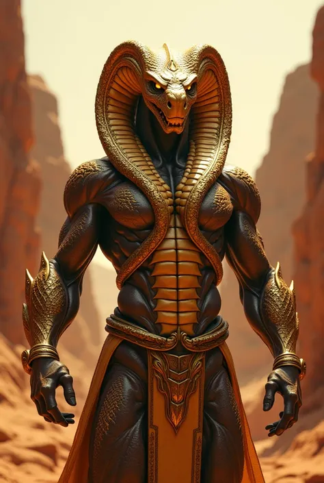 "A powerful humanoid figure with a golden cobras head and scaled arms, standing dominantly in a desert canyon, intricate patterns on the gleaming scales, sharp focus on the figures glowing eyes and hood flared in an intimidating pose, muscular body blendin...