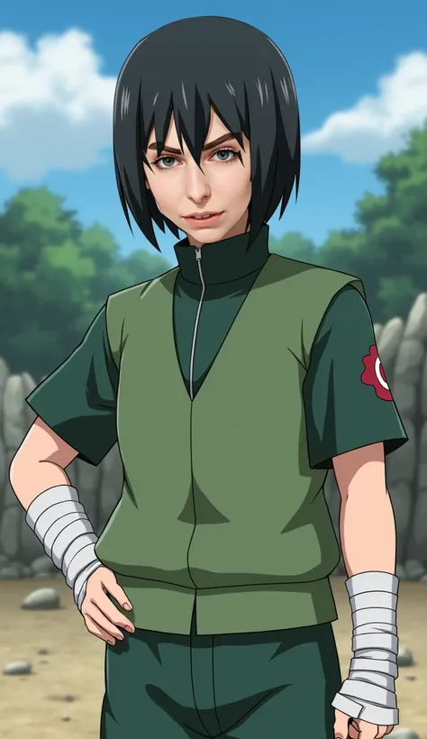 A realistic version of Rock Lee from *Naruto Shippuden*, depicted as a determined young man with a bob haircut and thick eyebrows. He wears a green shirt with a matching green vest, and his lower arm and wrist are wrapped in bandages, symbolizing his rigor...