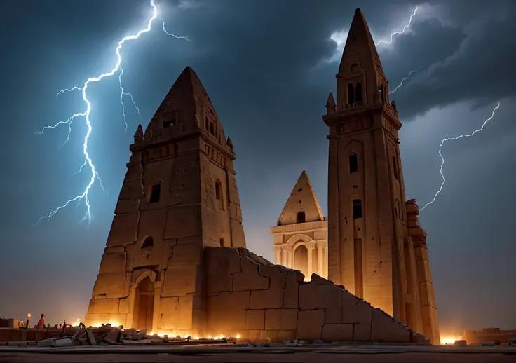 A dramatic scene depicting the death of a Pharaoh, surrounded by dark clouds and flashes of lightning, with a backdrop of ancient Egyptian architecture crumbling. In the foreground, a multitude of distressed Hebrew people raising their hands in anguish, ex...