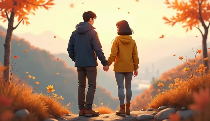 " The two look at each other and hold hands "

scene:  Korean couple standing at the top of a mountain holding hands with dark brown bob-cut hair that flows smoothly.  They are both standing sideways facing the camera, and ,  They have a warm smile filled ...