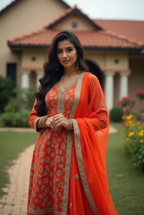 beautiful Pakistani women, 30 years old, big boobs, chubby, white colour, wearing bold shalwar kameez attractive look, posing in style, standing before a beautiful house, facebook cover size image