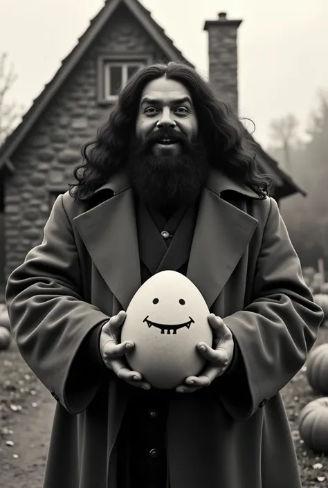 High quality, 8k ultra hd, hyper-realistic photography, 1930s black and white film style, Hagrid is holding a large smiling egg, wearing a huge trench coat, long curly black hair and beard, behind you can see a stone hut with a pointed roof, and a pumpkin ...