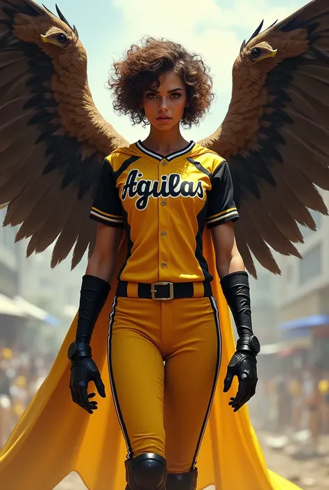 Eagle wings with body and face of a brunette woman with very short curly hair wearing a yellow-and-black baseball uniform that says eagles in Spanish with a cape 