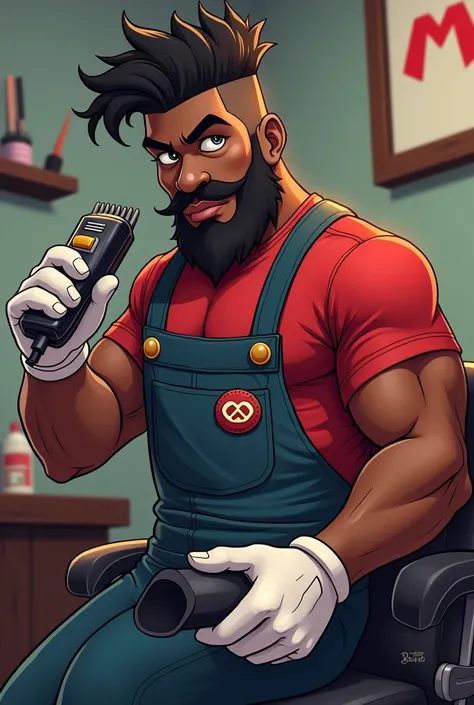  Super Mario Bross logo as a barber without earrings, Gold ring on modern black-skinned ring finger ,  honey-colored eyes , muscular build, big black beard ,  with a meed fade haircut with fristyle  , with a hair clipper in hand ,  a comb and scissors in t...