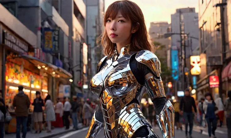 a cute woman, cute, amazing butt, sexy glowing mirrored armor, star and sun motif, superhero, focusing lasers with mirrors, action poses, battling robots, Tokyo, best quality, 4k, 8k, highres, masterpiece:1.2, ultra-detailed, realistic, photorealistic, pho...