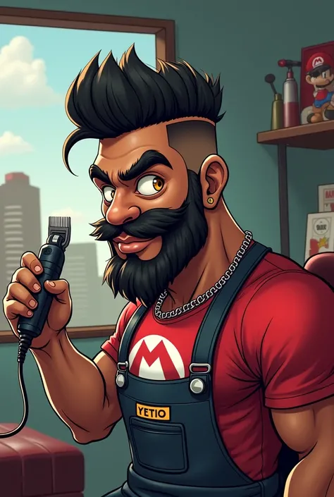 Super Mario Bross logo as a modern black-skinned barber,  honey-colored eyes , muscular build, big black beard ,  with a meed fade haircut with fristyle  , with a hair clipper in hand ,  a comb and scissors in the background of the image,  inside a modern ...