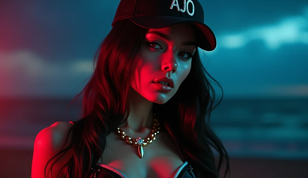 surreal Long-haired black " Because of you"  fashion female mid close up sexy body with black AJO Gold chain with diamond in her neck wearing a cap writing AJO ,rose gold stainless, night scene with the night blue and red light
