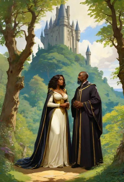 Masterpiece, best quality, 1300s clothing, 30 year old curvy butch black woman wizard and her 50 year old handsome black father wizard, wizard tower and forest in the background, medieval wizard robes, colorful, john singer sargent anime illustration 