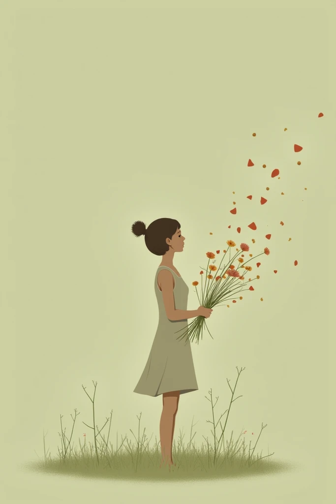 "A peaceful, minimalistic scene with a person holding a bouquet of wildflowers. The person is standing with their arms gently extended forward, holding the flowers, and is facing slightly to the side. Soft petals and wisps of flower stems are drifting in t...