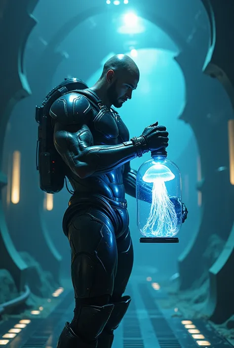 "A muscular man dressed in futuristic armor, holding a glowing blue jellyfish in a transparent container, standing on the deck of a high-tech underwater base, hyperrealistic textures, sharp focus on the man and the glowing jellyfish, blurred ocean depths v...