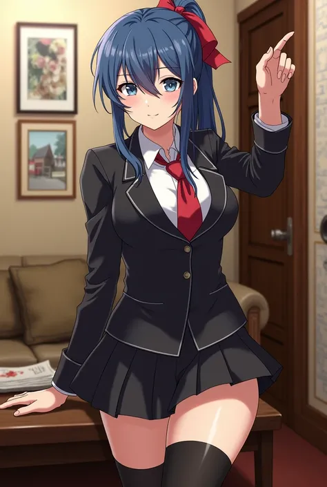 20-year-old adult woman with long blue hair tied in a ponytail with a red ribbon with blue eyes with big breasts wearing a sexy black school uniform with a short black skirt in the background of an anime-style living room