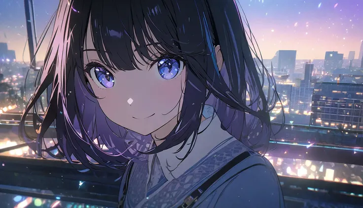 one girl,black hair and bob hair、beautiful blue eyes、smile、gentle smile on her face、flat chest, one Beautiful girl,((masterpiece, illustration, best quality) ((ultra-detailed)), a girl wearing sunglasses (sunglasses), Behind is the cityscape in the evening...