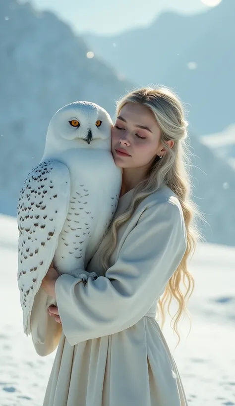 A serene woman gently holding a snowy white owl, standing on a snowy mountain ridge, soft winter sunlight illuminating their features, hyperrealistic textures, sharp focus on the woman and the owl’s feathers, vast snowy landscape blurred in the background,...