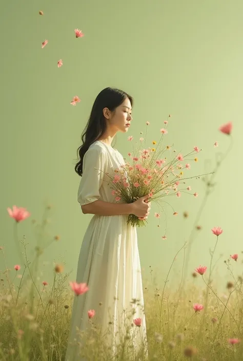 "A peaceful, minimalistic scene with a person holding a bouquet of wildflowers. The person is standing with their arms gently extended forward, holding the flowers, and is facing slightly to the side. Soft petals and wisps of flower stems are drifting in t...