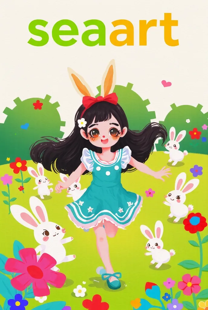 a girl with rabbit ears is running with a carrot, chasing little bunny girls chasing lots of rabbits,(show logo in background"se...