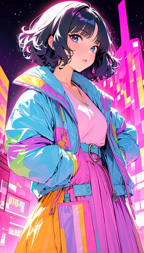 ( best quality :1.2,   city pop style,   Very detailed, up to date,  vibrant ,   high contrast , masterpiece:1.2,  best quality ,  best aesthetics),  girl, ((  Front Shot  :1.4)),  black hair,  Short Bob Wolf Hair ,  pastel colors,  1980s Style , ((Retro, ...