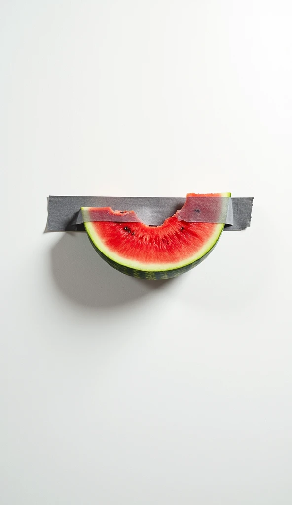 A hyper-realistic depiction of a watermelon with a bite taken out of it, duct-taped to a pristine, totally white wall, viewed directly from the front. The duct tape is placed directly over the watermelon’s rind, securing it to the wall horizontally, simila...