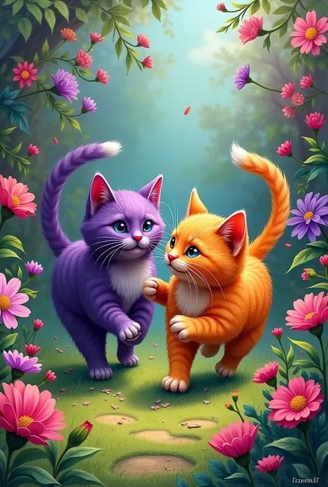  A painting where there is a garden with pink flowers, purple an orange cat playing with a  
