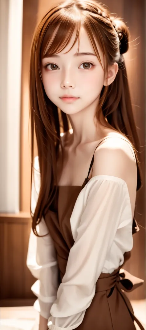 maid, chignon hair,brown hair,slender body,cute pretty girl