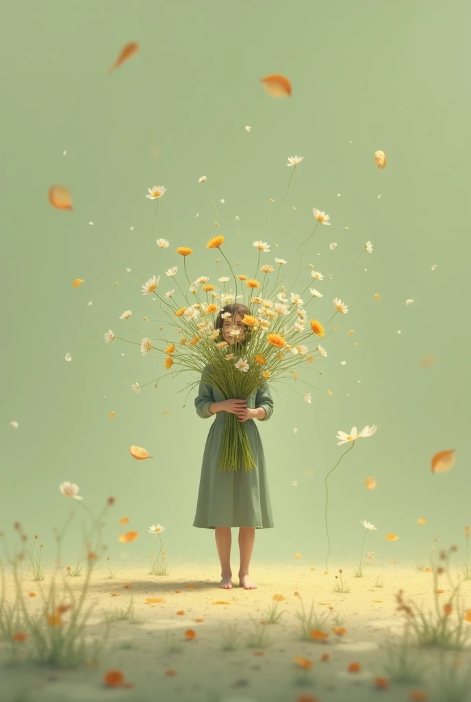 "A peaceful, minimalistic scene with a person holding a bouquet of wildflowers. The person is standing with their arms gently extended forward, holding the flowers, and is facing slightly to the side. Soft petals and wisps of flower stems are drifting in t...