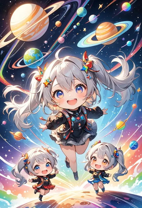 masterpiece, best quality, ultra-detailed, illustration, best quality, chibi style, multiple girls, silver hair, twin tails, hair ornaments, excited expression, playful pose, starry sky, rainbow trails, glowing stars, outer space, planets, vibrant colors, ...