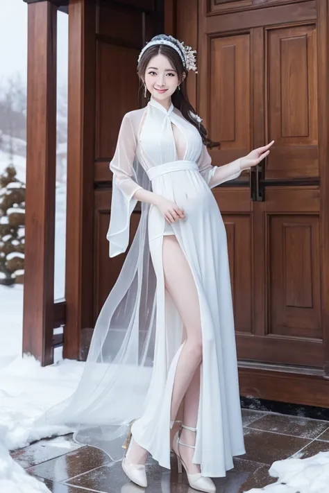 Elegant and intelligent classical Chinese woman, Wear a belly band, Standing at the door with a smile, Her skin is brighter than snow, Her eyes are like pools of clear water. There is a faint book-like atmosphere.