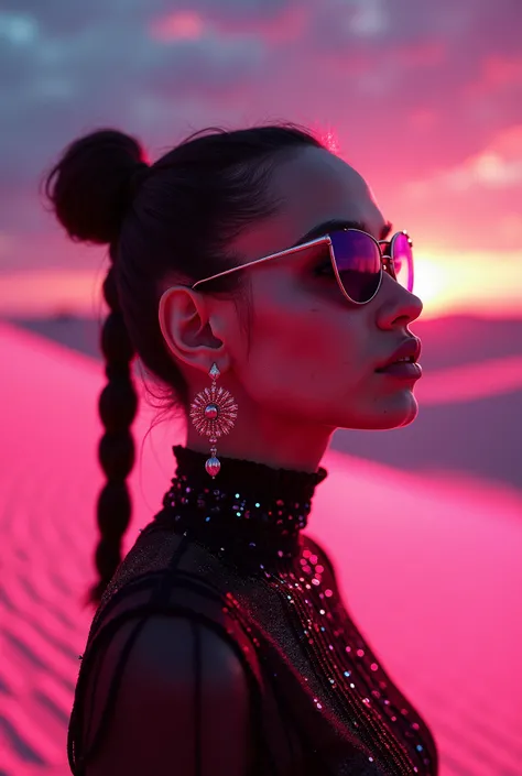 **A magnificent portrait of Zozobini Tunzia, shot in a mystical desert with neon glow, sparkling sand dunes and surreal mirages. She uses a radiant pink and black color to emphasize the magical and enigmatic nature of the desert. --ar 3:2 --style raw**