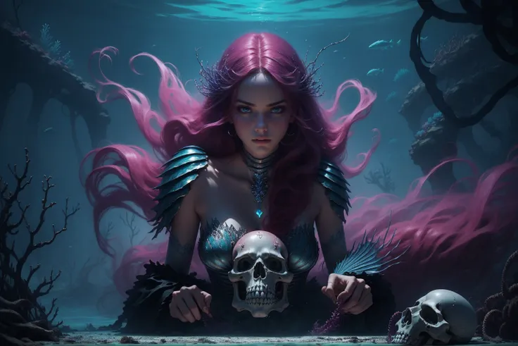 woman 30 years old, underwater, skeleton, ,Under the sea, where coral tendrils and vines abound, a woman (mermaid), long magenta hair (magenta hair) looks at you amidst a pile of bones and skulls. Indifferent look , merciless. dancing among the skulls. Ang...