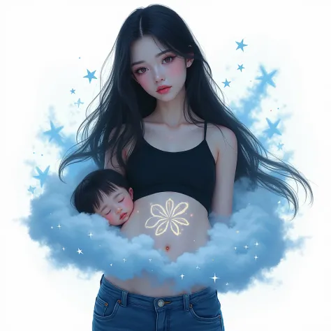 white background,  woman martinastoessel , 20 years,  very long black hair ,  brown eyes , light skin type albina ,  lips with gloss ,  long eyelashes , thin nose, parts, Glow Up,  with a drawing of a  , In the belly .  The boy is sleeping in a cloud surro...