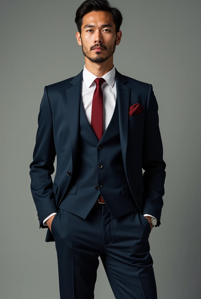 "A man is intentionally wearing unbottoned formal mens outfit featuring dark blue blazer without inside coat and trousers, paired with a crisp white shirt underneath. The ensemble is completed with a dark red tie, creating a sophisticated and timeless look...