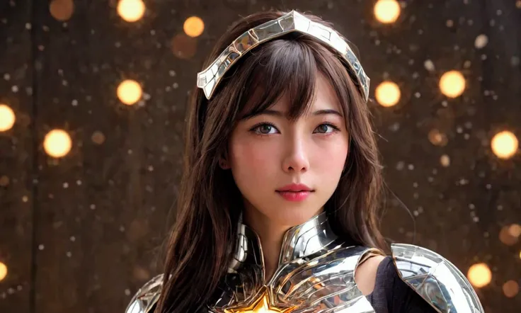 a cute woman, beautiful detailed eyes, beautiful detailed lips, extremely detailed eyes and face, long eyelashes, amazing figure, sexy glowing mirrored armor, star and sun motif, superhero, action pose, firing lasers from palms, battling robots, Tokyo, bes...