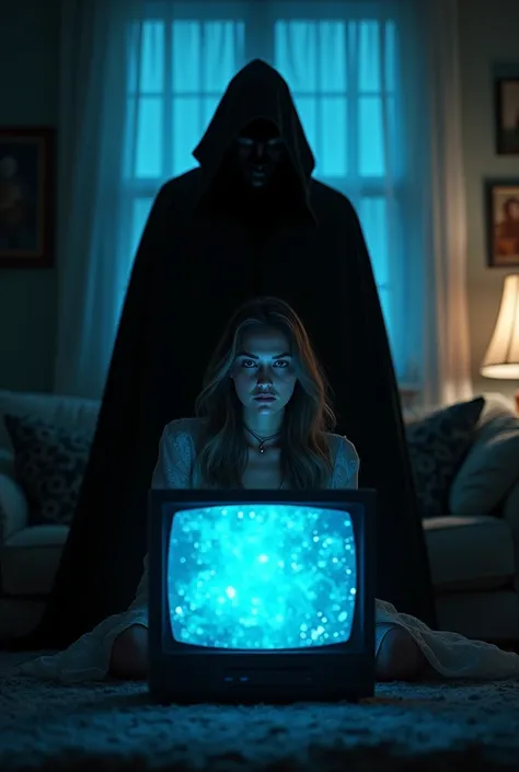 Dark man in a black robe behind a beautiful woman watching TV at night.