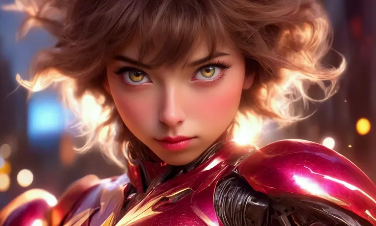 a cute woman, beautiful detailed eyes, beautiful detailed lips, extremely detailed eyes and face, long eyelashes, amazing figure, sexy glowing mirrored armor, star and sun motif, superhero, action pose, firing lasers from palms, battling robots, Tokyo, bes...