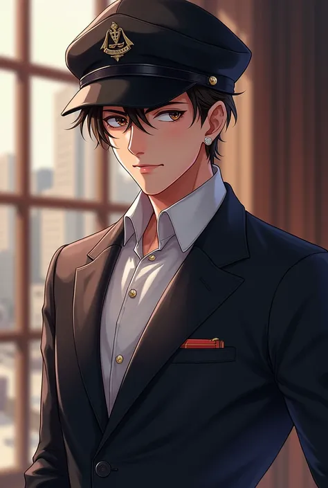 Create a anime man in suit with cap