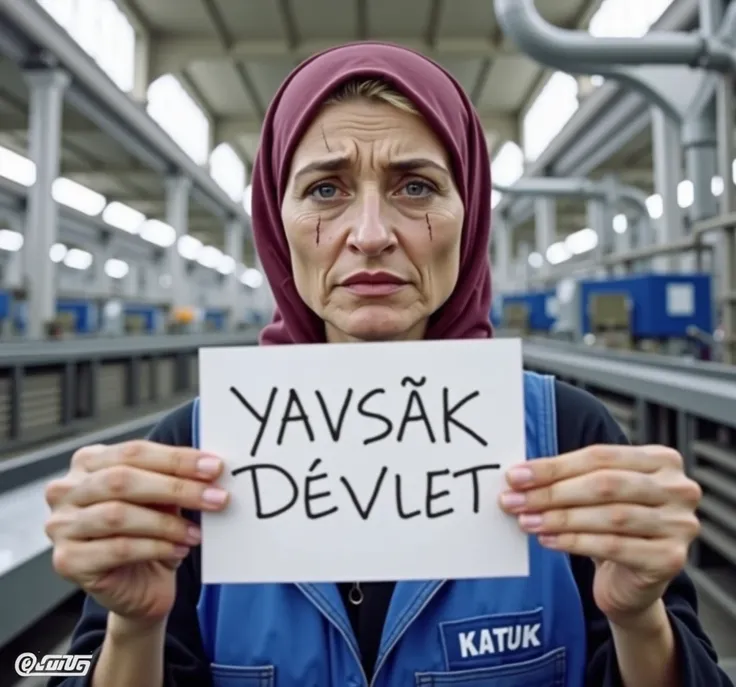 ((best quality)), ((masterpiece)), (detailed), 1girl, factory worker clothes, dirty hands, dirty clothes, factory background, worker woman concept, sad looking, looking to viewer, HOLDING A BANNER THAT SAYS "YAVŞAK DEVLET", FACTORY BACKGROUND, FACTORY WORK...