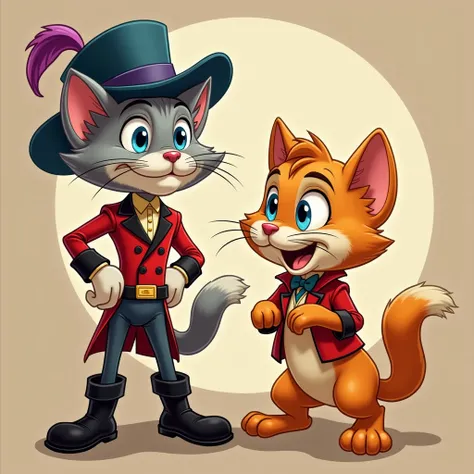 Create an image DISNEY-STYLE ILLUSTRATION AIMED AT REN with cats in boots standing ON THEIR BACK LEGS WITH A PRESCHOOL BACKGROUND with white mustaches,  sky blue eyes with a blue hat with a cherry purple feather with a red suit and white sleeves black boot...