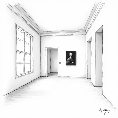  objective image ,  drawing style sketch of a bright white room,  Black and white image;  Write at the bottom: "142209"; a painting painted by Caravaggio on the wall. 