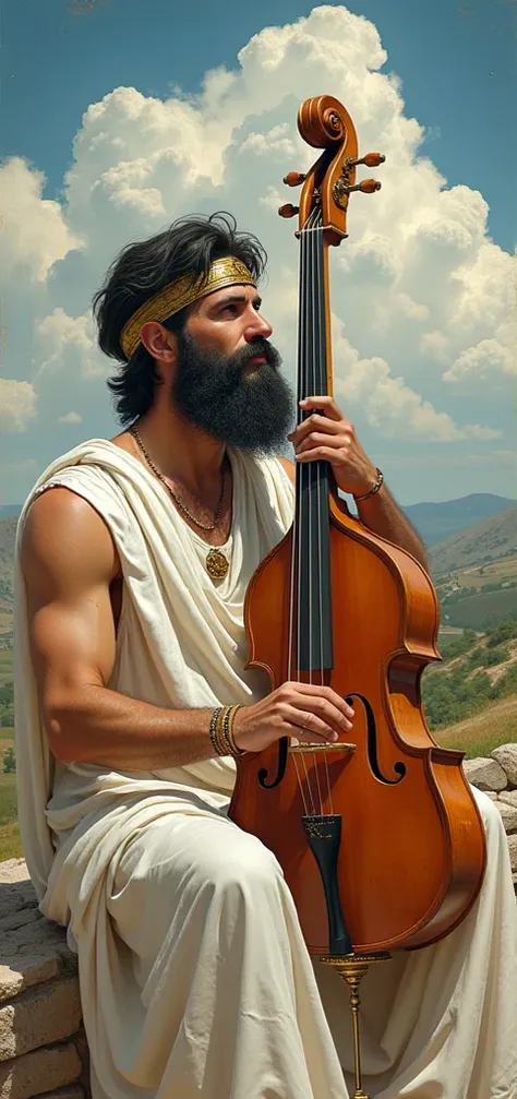  A Greek man specializing in music dressed in white with short black hair,  black beard and a golden headset ,  playing his beautiful Greek instrument in a fabulous Greek landscape , amazing details, realist,  with incredible musical symbols , banner style...