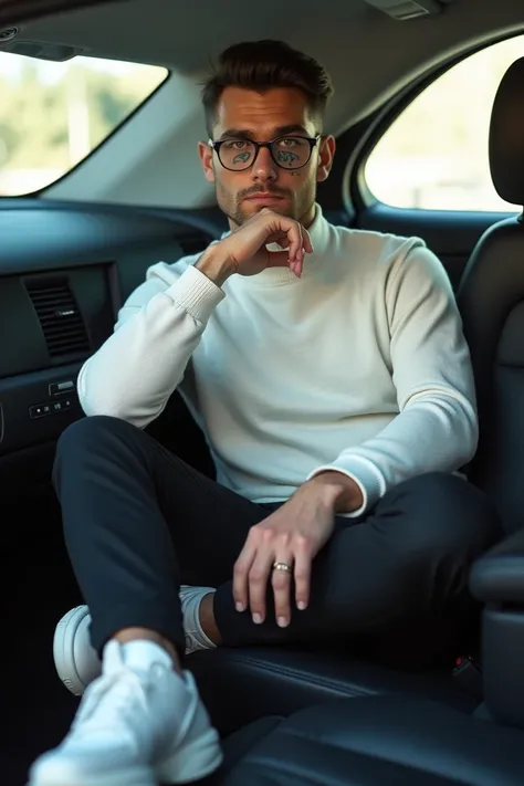 Believe me a handsome and handsome man , with gray eyes with glasses with short hair with tattoo dressed in a white sweater black pants white shoes full body sitting in a car