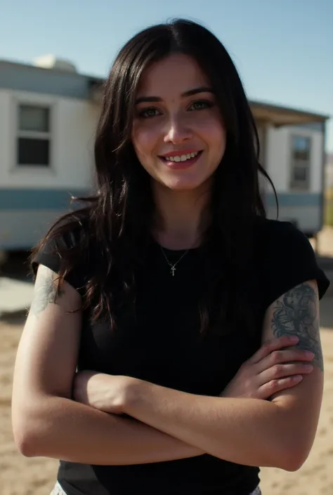 Closeup half body torso view portrait of an outdoor skinny but athletic extremely pale 25 year oldwoman wearing a tight capsleeve t-shirt. She has very long black hair. She is standing outside in her trailerpark home in the new mexico desert, arms crossed ...