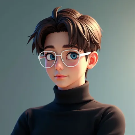 A handsome Korean man dressed in a black turtle necked T-shirt,wearing white glasses,blue eyes,Looking at viewer,  Parted Lips, sexy look,Light Brown Hair, Single Sidelock, Makeup, cool face,Glowing Light, Cinematic Lighting,  HD, Best Quality, Anime Style...