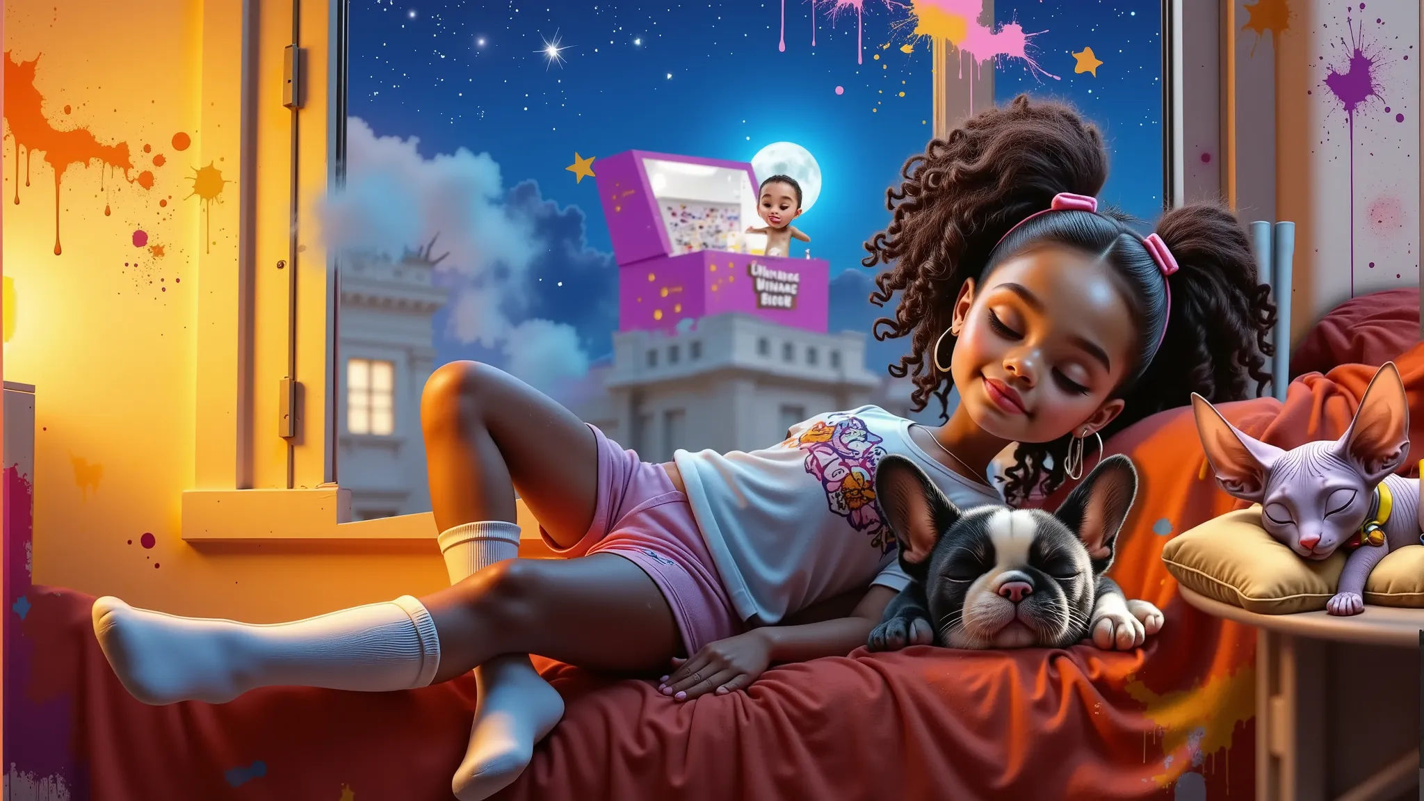 inspired by disney pixar characters and films, create the image of a 12yo, 12y, age: 12, 12 anos, girl, with curly afro-descenda...