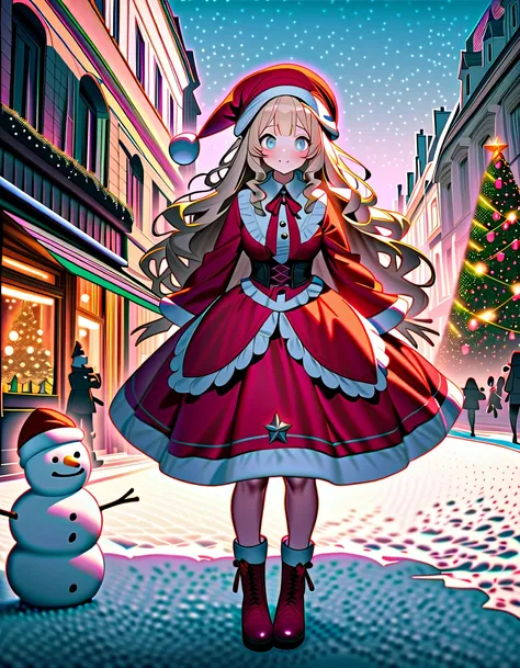 (8K, best quality, master piece: 1.2),super high resolution,surreal,1 girl,solo,ultra-detailed face,detailed eyes,wavy hair,blonde hair,long hair,Santa hat,(santa claus,lolita fashion:1.2),santa boots,full body,toe,(snowman:1.3),(christmas tree:1.3),cute,h...