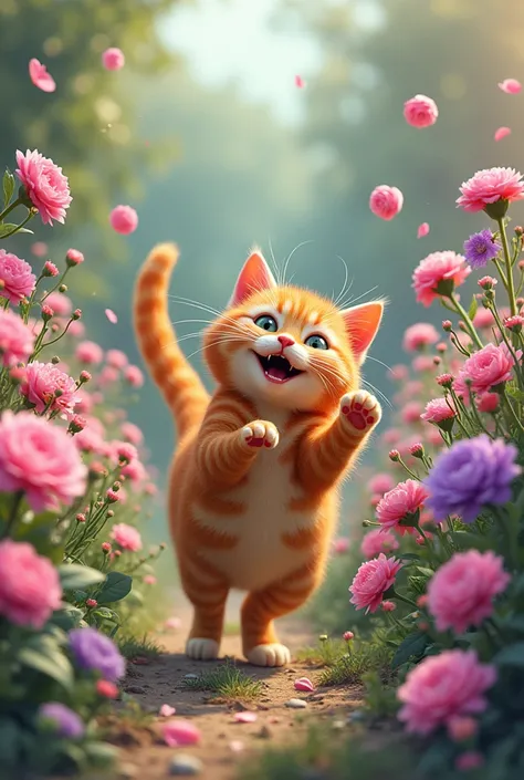 A garden of pink and purple flowers and an orange cat playing with each other
