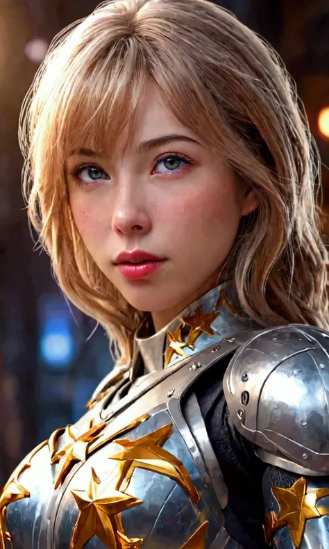 a cute woman, beautiful detailed eyes, beautiful detailed lips, extremely detailed eyes and face, long eyelashes, amazing figure, sexy glowing mirrored armor, star and sun motif, superhero, action pose, firing lasers from palms, battling robots, Tokyo, bes...