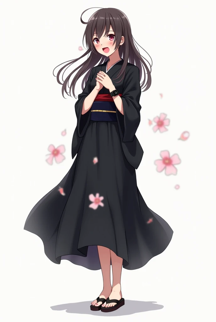 Anime girl with full body legs and geta in black kimono and with worried flowers and with a white background and full body and with pink nails and a black watch with fists on her chest both hands with an emotion of nervousness and with an expression of con...