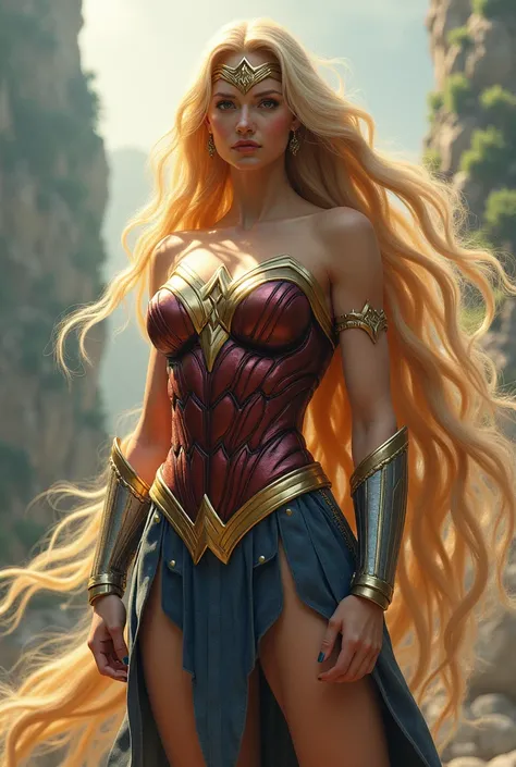 Create a fusion of Wonder Woman and Rapunzel, merging their traits, becoming a single ferocious creature, hold the scene. 