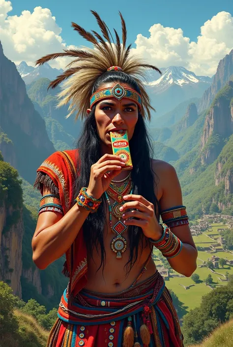 Create an Inca eating an energy bar called MIKUNA